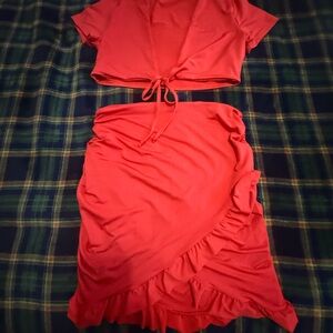 SHEIN Red Asymmetrical Ruffle Wrap Dress